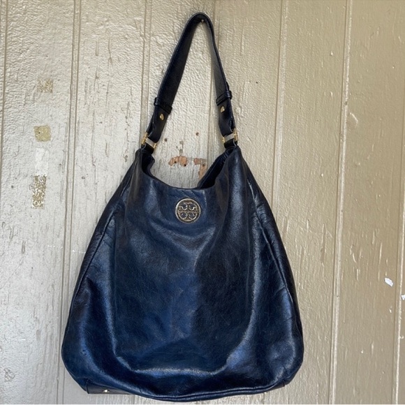 Tory Burch Dena Elegant Black Leather glazed Tote Bag
